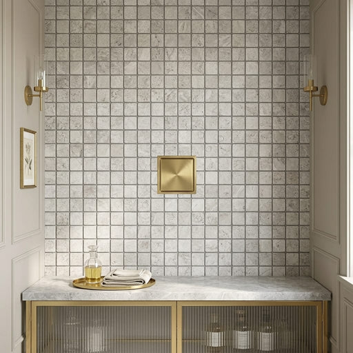 Tundra Gray Marble 1x1 Tumbled Mosaic — Bathroom shower floor