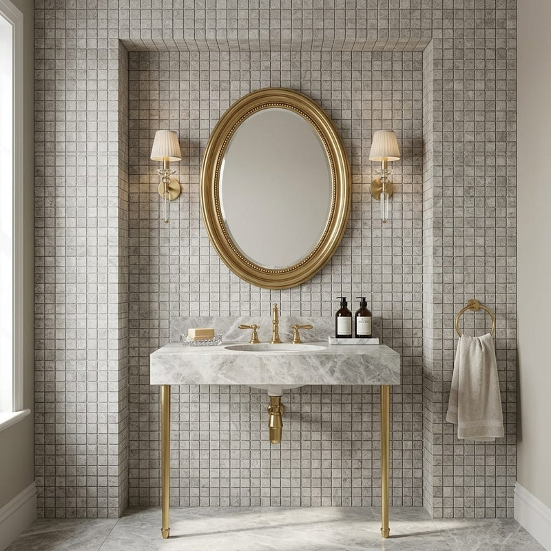 Tundra Gray Marble 1x1 Tumbled Mosaic — Powder Room wall