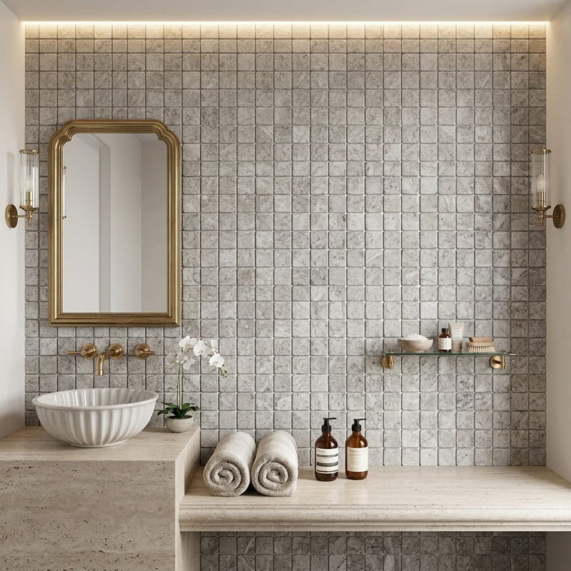 Tundra Gray Marble 1x1 Tumbled Mosaic — Spa spa interior