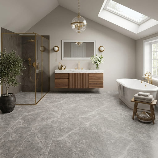 Tundra Gray Marble 12x12 Honed Tile — Bathroom floor