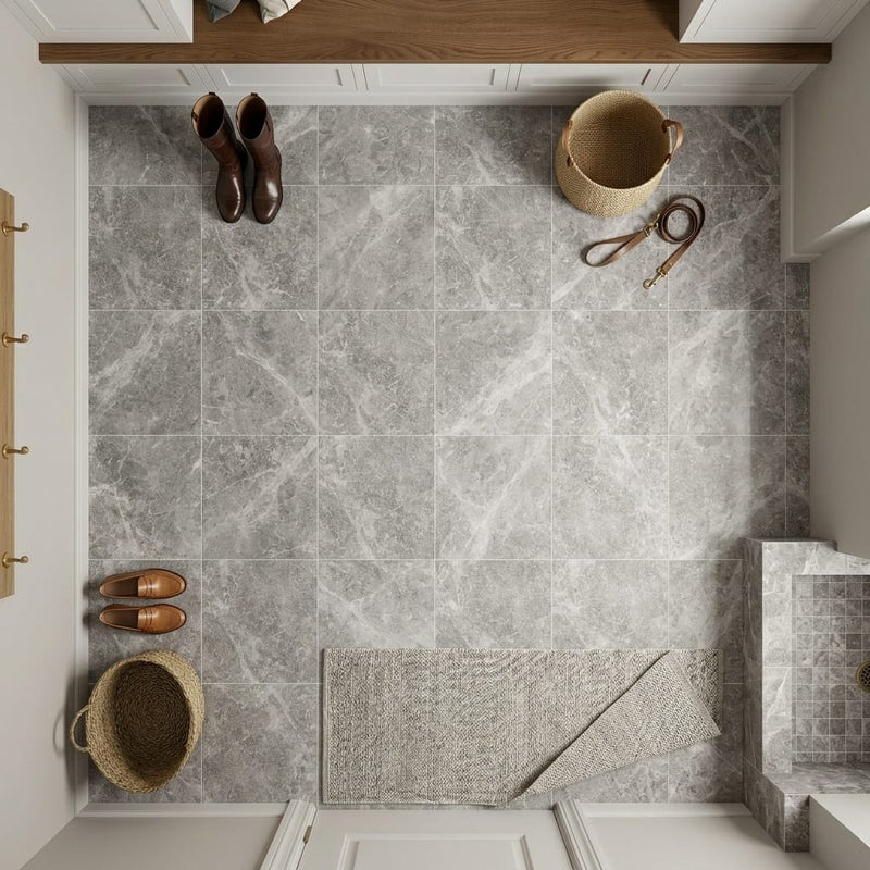 Tundra Gray Marble 12x12 Honed Tile — Mudroom floor