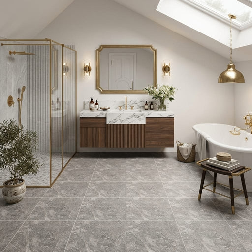 Tundra Gray Marble 12x12 Tumbled Tile — Bathroom floor