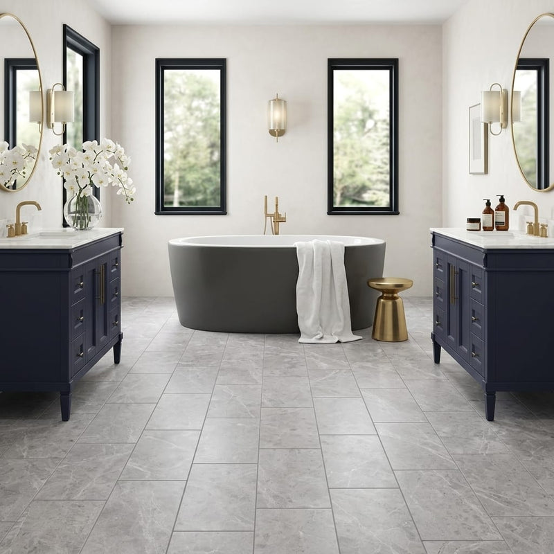 Tundra Gray Marble 12x24 Honed Tile — Bathroom floor
