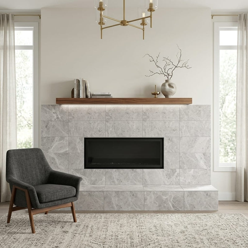 Tundra Gray Marble 12x24 Honed Tile — Living Room fireplace surround