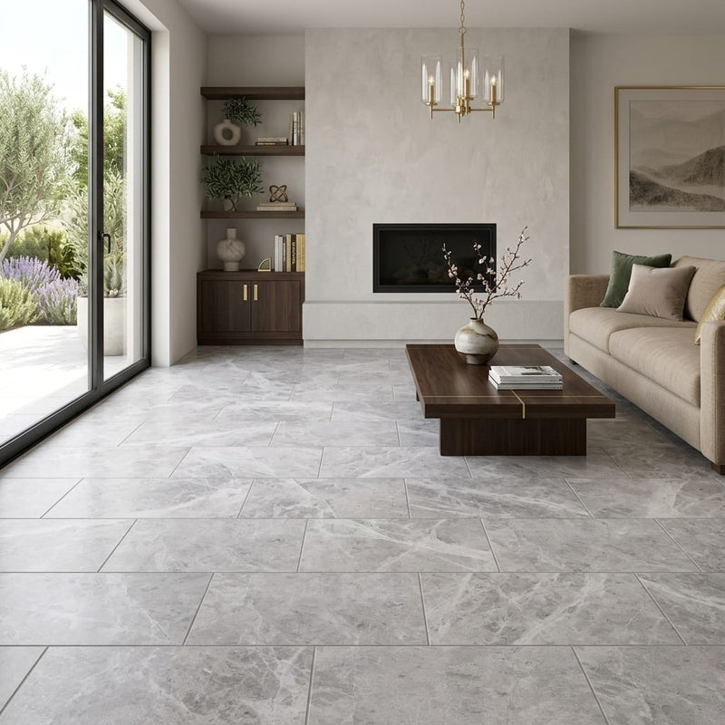 Tundra Gray Marble 12x24 Honed Tile — Living Room floor