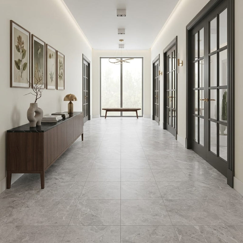 Tundra Gray Marble 18x18 Honed Tile — Hallway floor