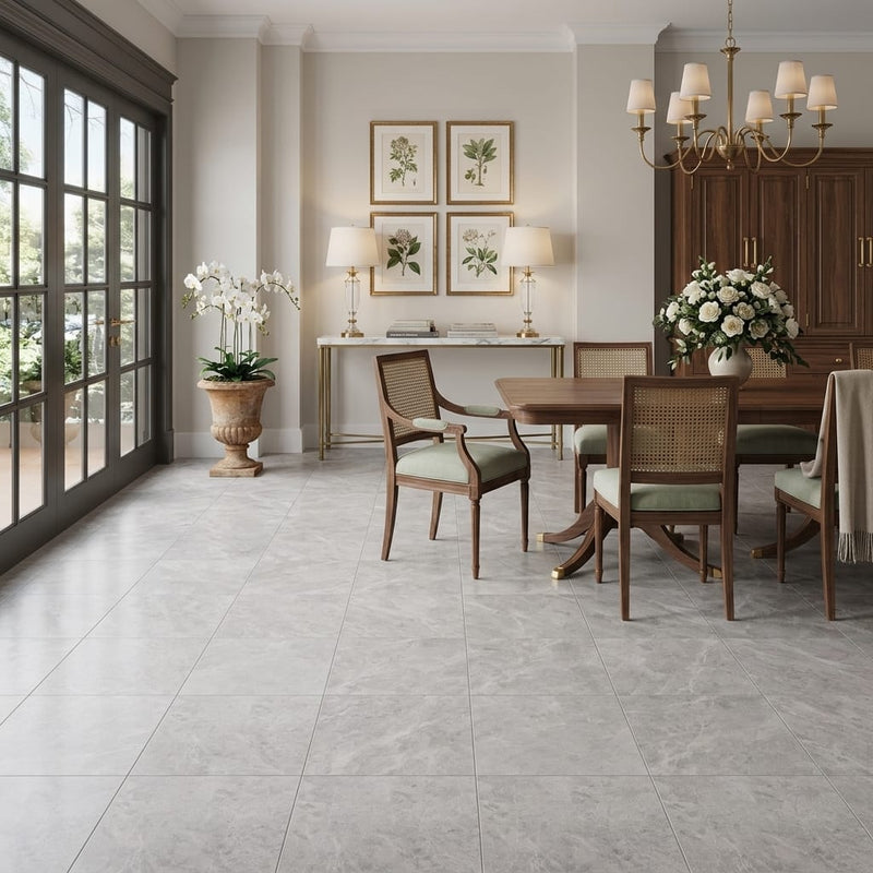 Tundra Gray Marble 18x18 Honed Tile — Living Room floor
