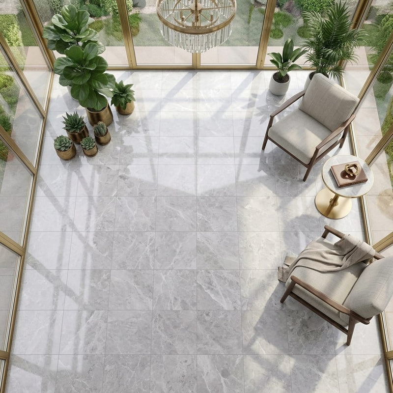 Tundra Gray Marble 18x18 Honed Tile — Sunroom floor