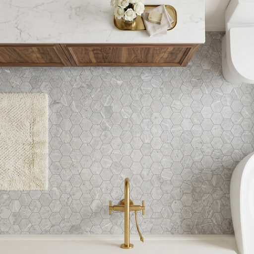 Tundra Gray Marble 2x2 Honed Hexagon Mosaic — Bathroom floor