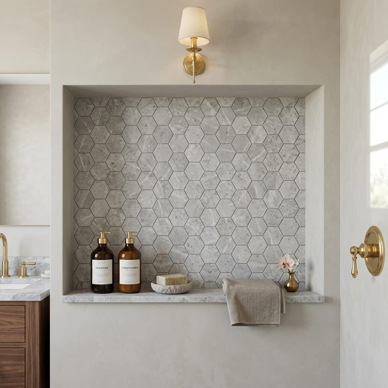 Tundra Gray Marble 2x2 Honed Hexagon Mosaic — Bathroom niche