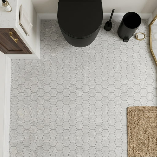 Tundra Gray Marble 2x2 Honed Hexagon Mosaic — Powder Room floor