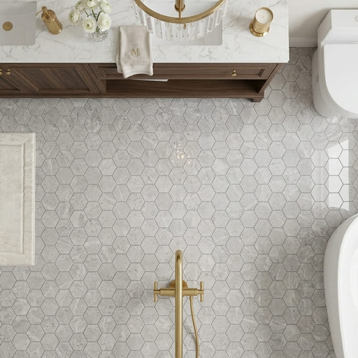 Tundra Gray Marble 2x2 Polished Hexagon Mosaic — Bathroom floor