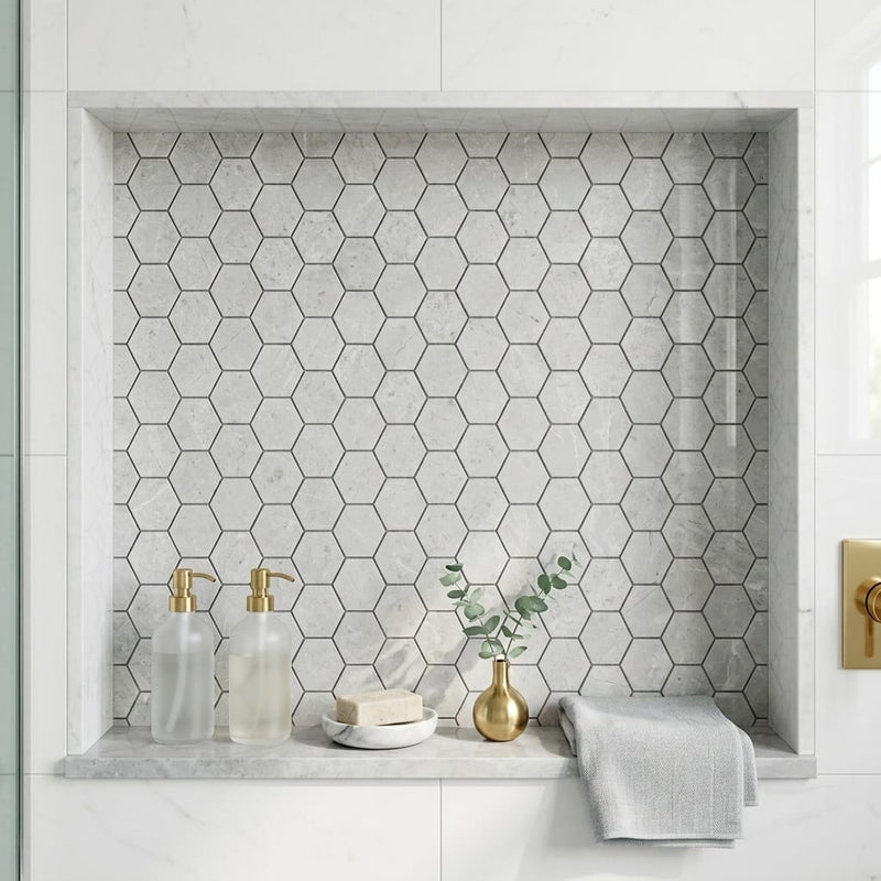Tundra Gray Marble 2x2 Polished Hexagon Mosaic — Bathroom niche