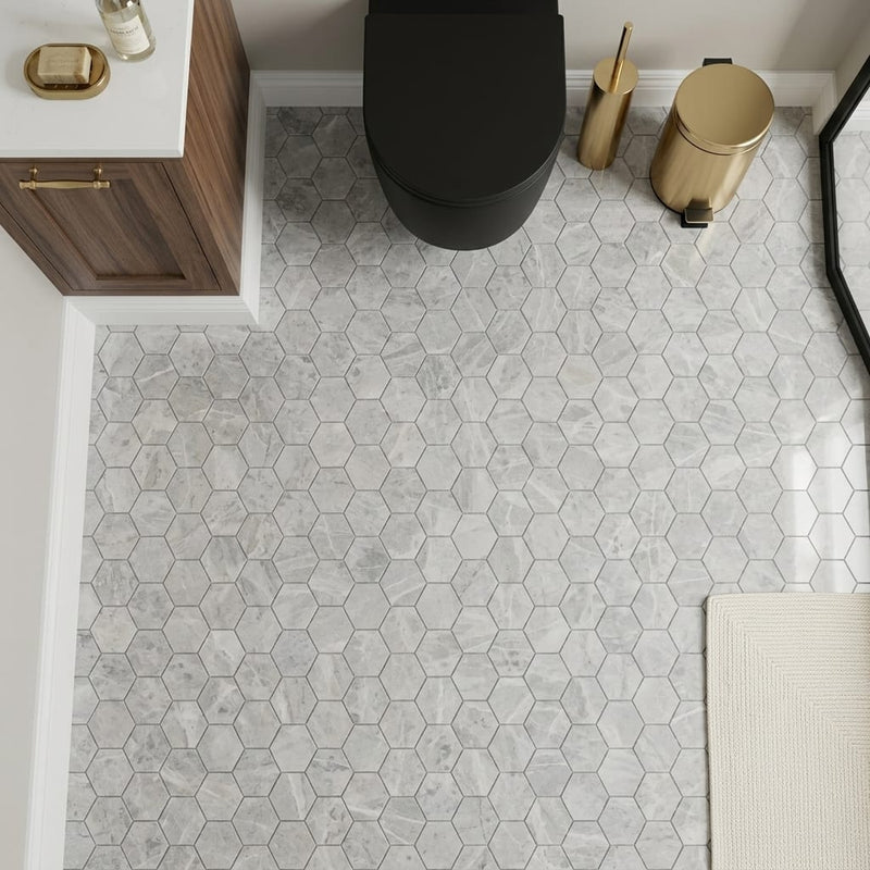 Tundra Gray Marble 2x2 Polished Hexagon Mosaic — Powder Room floor