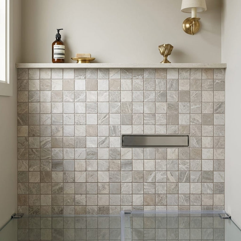 Tundra Gray Marble 2x2 Tumbled Mosaic — Bathroom shower floor