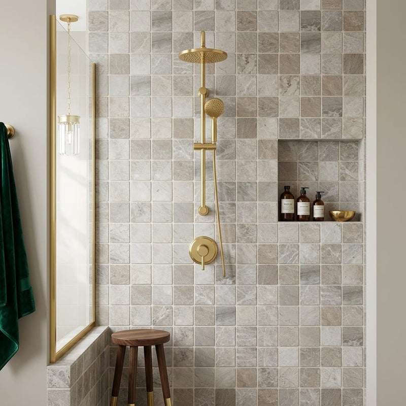 Tundra Gray Marble 2x2 Tumbled Mosaic — Bathroom shower wall