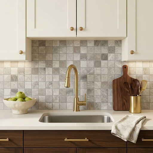 Tundra Gray Marble 2x2 Tumbled Mosaic — Kitchen backsplash
