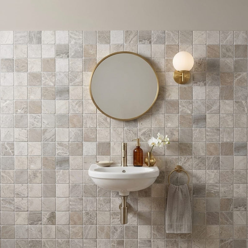 Tundra Gray Marble 2x2 Tumbled Mosaic — Powder Room wall