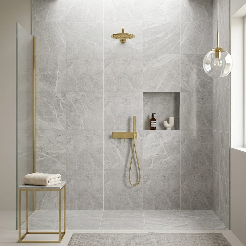 Tundra Gray Marble 24x24 Honed Tile — Bathroom shower wall
