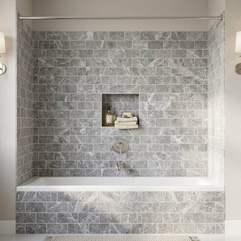 Tundra Gray Marble 3x6 Tumbled Tile — Bathroom tub surround
