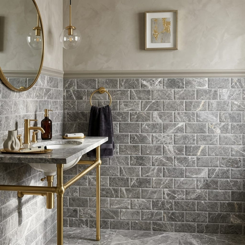 Tundra Gray Marble 3x6 Tumbled Tile — Powder Room wainscot