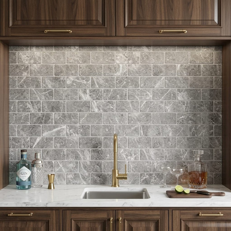 Tundra Gray Marble 3x6 Tumbled Tile — Wet Bar backsplash