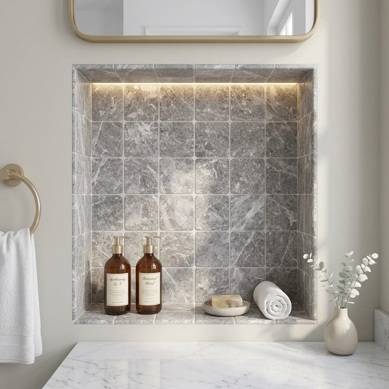 Tundra Gray Marble 4x4 Tumbled Tile — Bathroom niche
