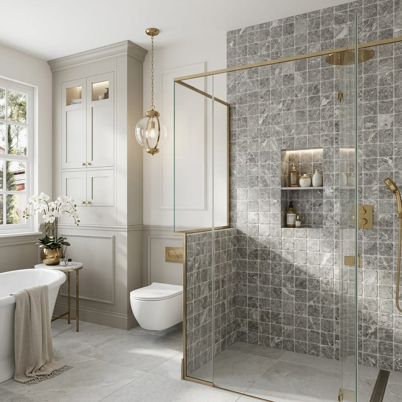 Tundra Gray Marble 4x4 Tumbled Tile — Bathroom shower wall accent band