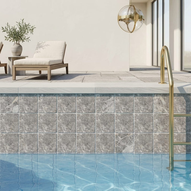Tundra Gray Marble 4x4 Tumbled Tile — Swimming Pool waterline