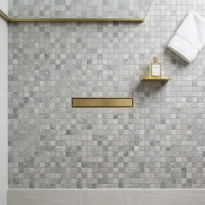 Tundra Gray Marble 5/8x5/8 Tumbled Mosaic — Bathroom shower floor