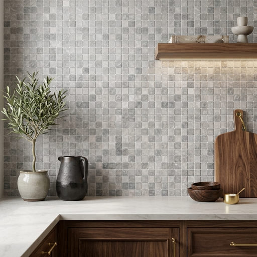 Tundra Gray Marble 5/8x5/8 Tumbled Mosaic — Kitchen backsplash
