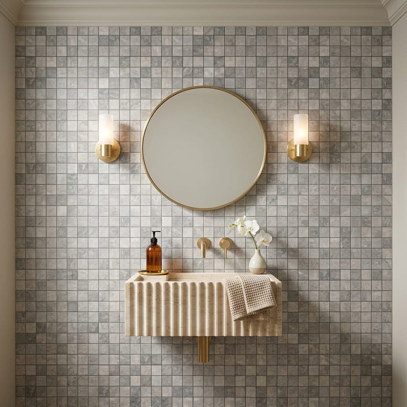Tundra Gray Marble 5/8x5/8 Tumbled Mosaic — Powder Room wall