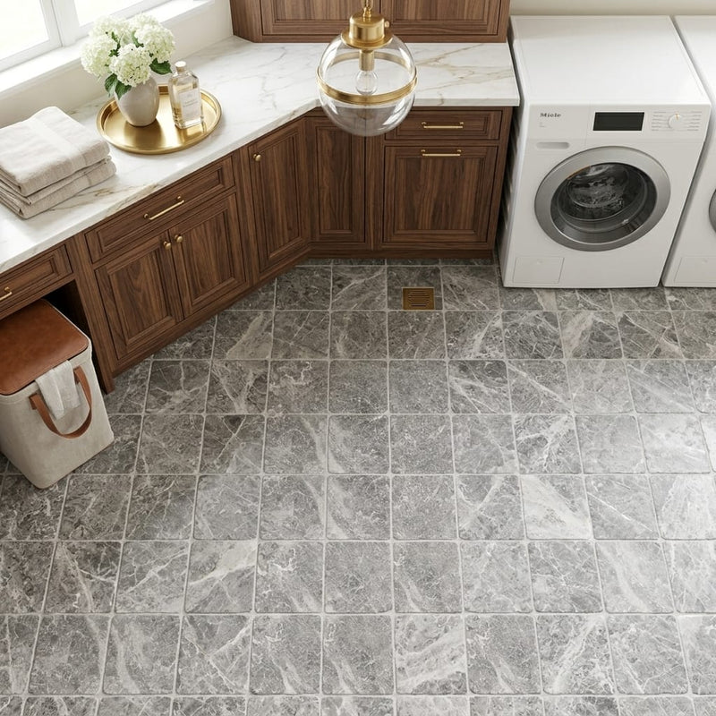 Tundra Gray Marble 6x6 Tumbled Tile — Laundry Room floor