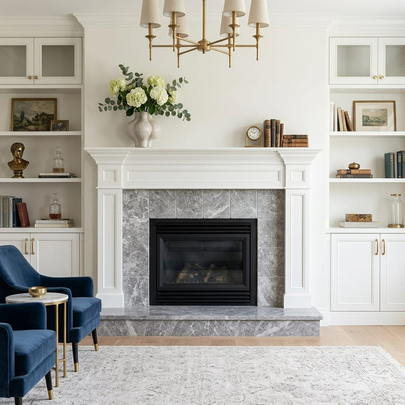 Tundra Gray Marble 6x6 Tumbled Tile — Living Room fireplace surround