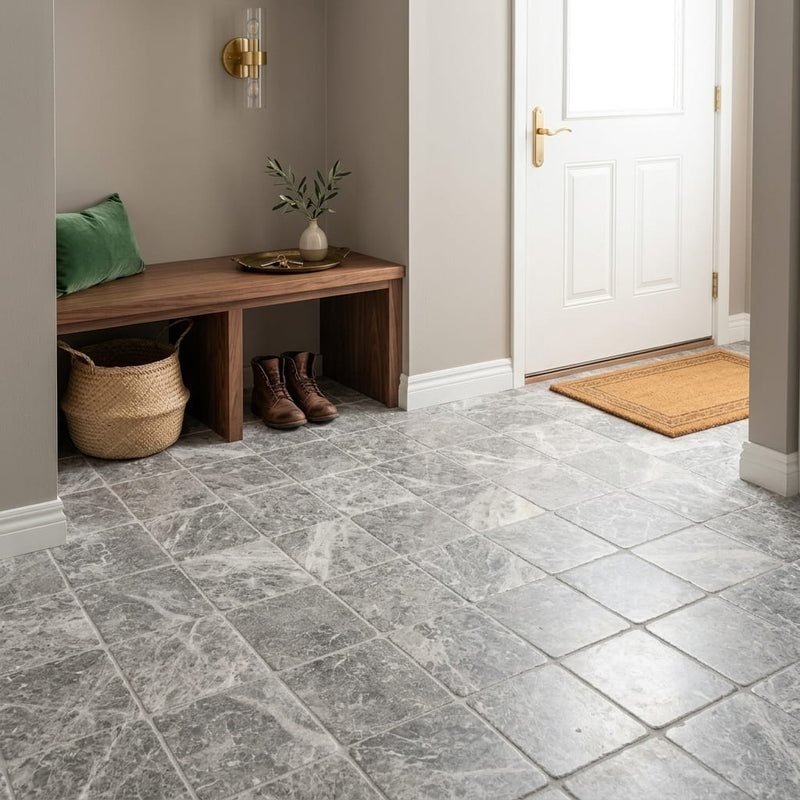 Tundra Gray Marble 6x6 Tumbled Tile — Mudroom floor
