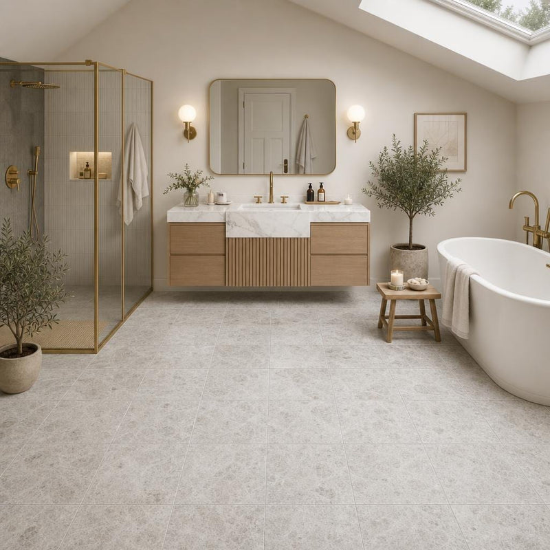 Tundra Grey 12x12 Honed Natural Marble Tile — Bathroom floor