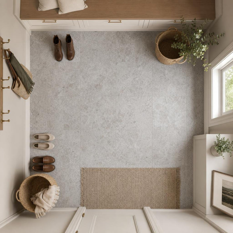 Tundra Grey 12x12 Honed Natural Marble Tile — Mudroom floor
