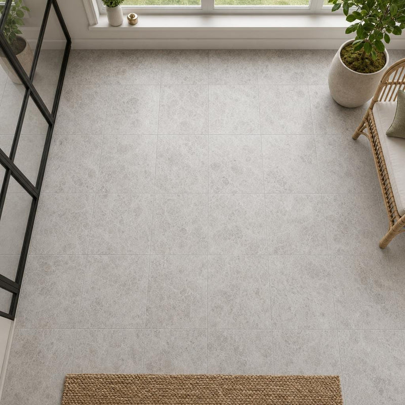 Tundra Grey 12x12 Honed Natural Marble Tile — Sunroom floor