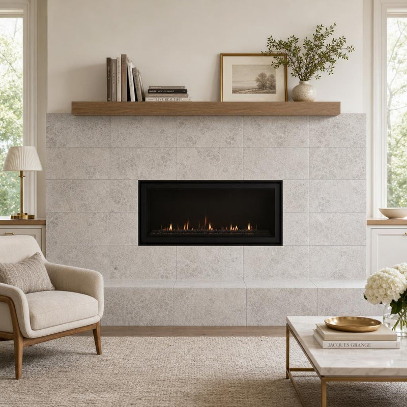 Tundra Grey 12x24 Honed Veined Marble Tile — Living Room fireplace surround