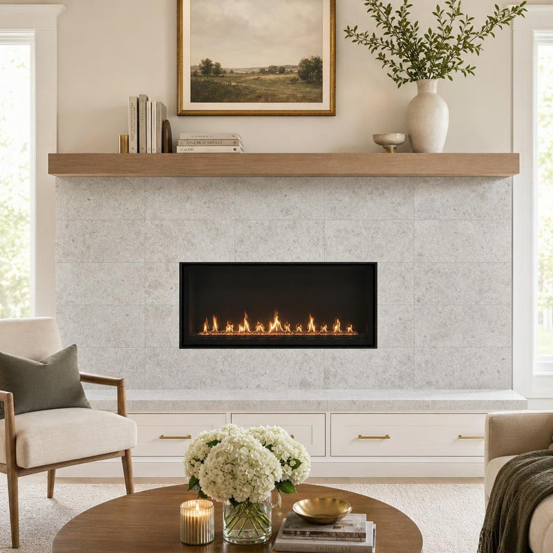 Tundra Grey 12x24 Polished Veined Marble Tile — Living Room fireplace surround