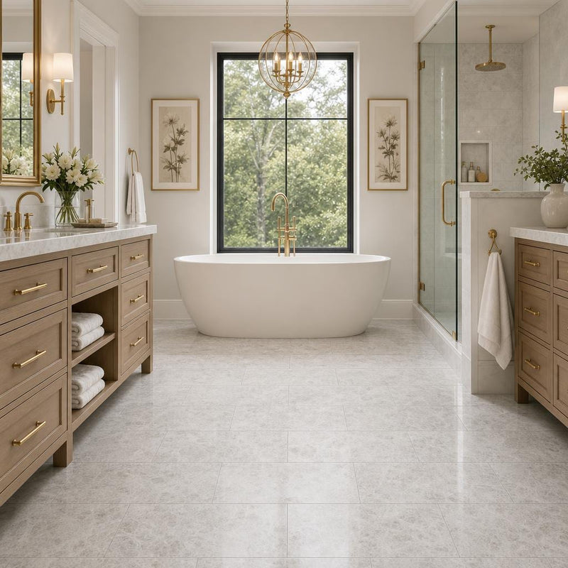 Tundra Grey 12x24 Polished Veined Marble Tile — Primary Bath floor