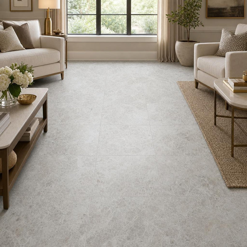 Tundra Grey 18x18 Honed Veined Marble Tile — Family Room floor