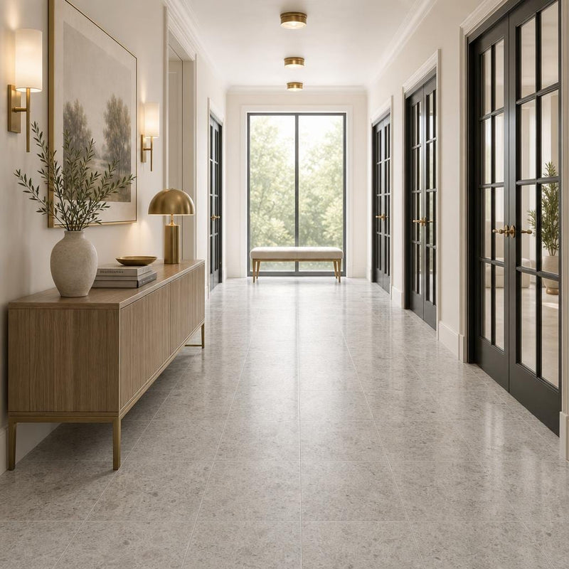 Tundra Grey 18x18 Honed Veined Marble Tile — Hallway floor