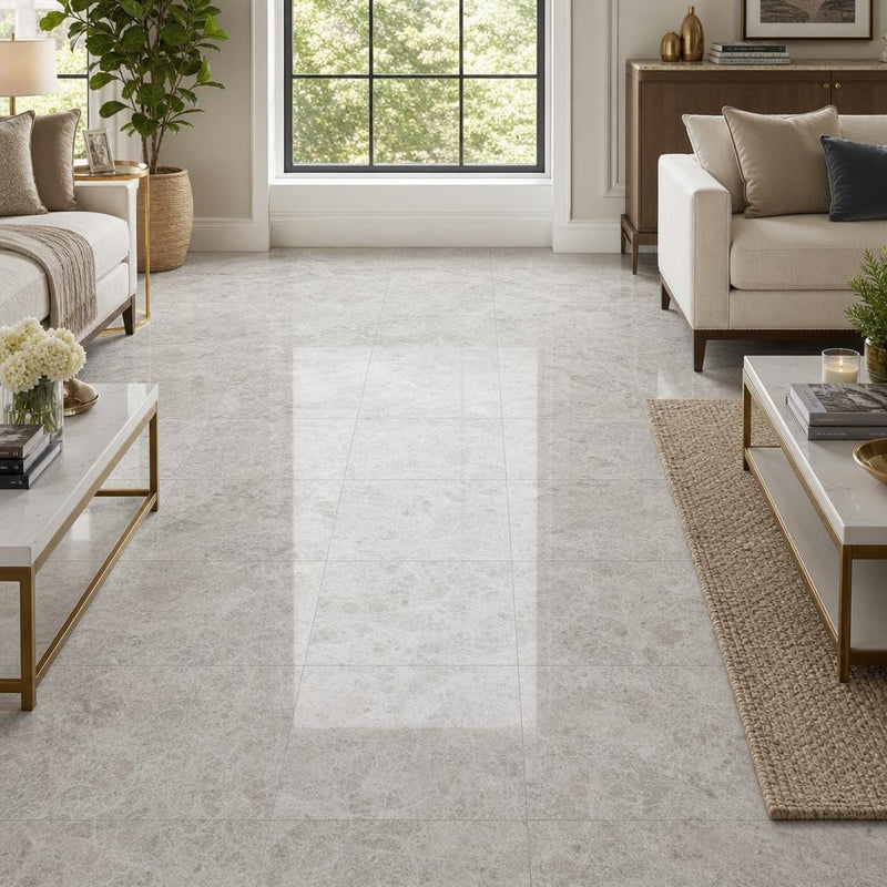 Tundra Grey 18x18 Polished Veined Marble Tile — Family Room floor