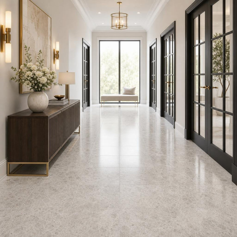 Tundra Grey 18x18 Polished Veined Marble Tile — Hallway floor