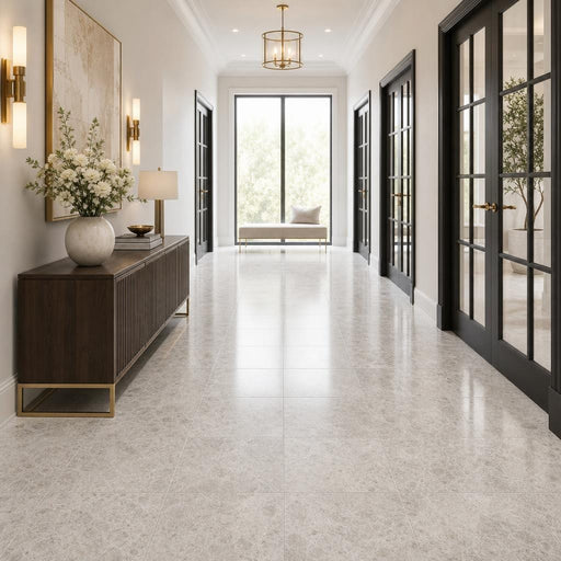 Tundra Grey 18x18 Polished Veined Marble Tile — Hallway floor