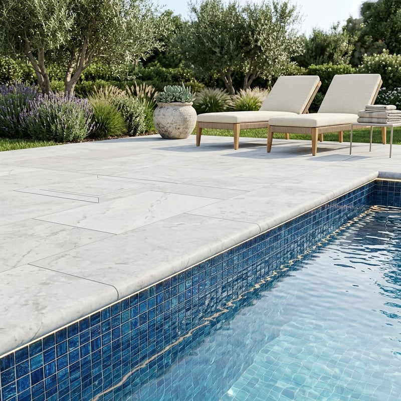 Tundra Marble Leather (Sandblasted & Brushed) 12 x 24 x 1.25 Double Bullnose Coping 12x24 pool coping — Swimming Pool remodel pool edge