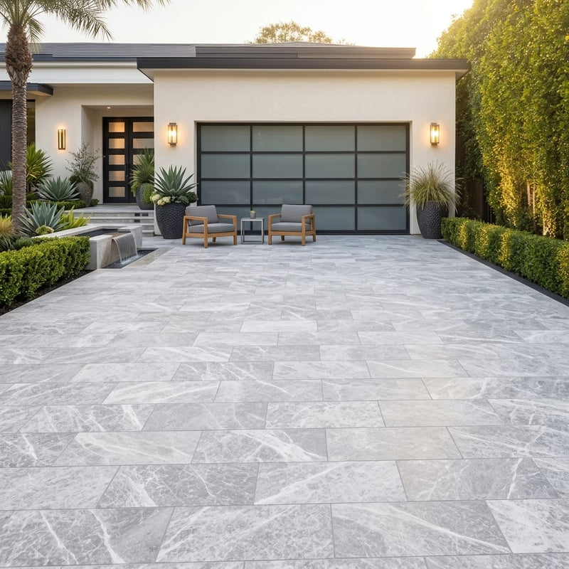 Tundra Marble Leather (Sandblasted & Brushed) 12 x 24 x 1.25 Paver 12x24 — Front Yard driveway