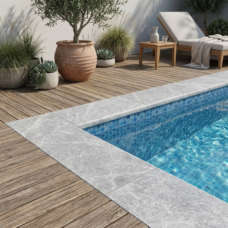 Tundra Marble Leather (Sandblasted & Brushed) 12 x 24 x 2 Bullnose Coping 12x24 pool coping — Swimming Pool pool edge drop-face coping