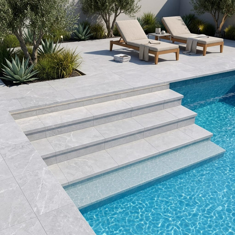 Tundra Marble Leather (Sandblasted & Brushed) 12 x 24 x 2 Double Modern Coping 12x24 pool coping — Swimming Pool pool step edge